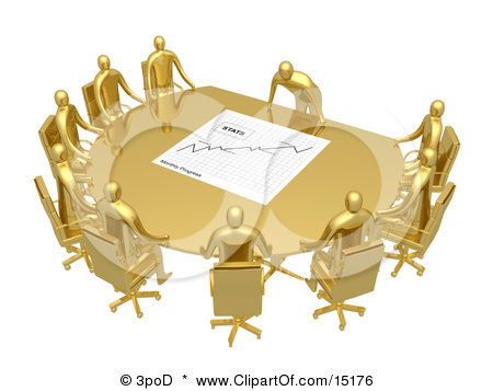 15176-Group-Of-Gold-People-Seated-And-Holding-A-Meeting-At-A-Gol