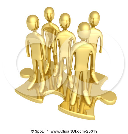 25019-Clipart-Illustration-Of-A-Team-Of-Gold-People-Standing-On-